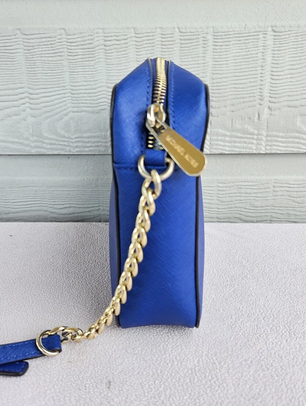 Michael Kors Jet Set Crossbody Purse Handbag Saffiano Leather Blue Chain Strap